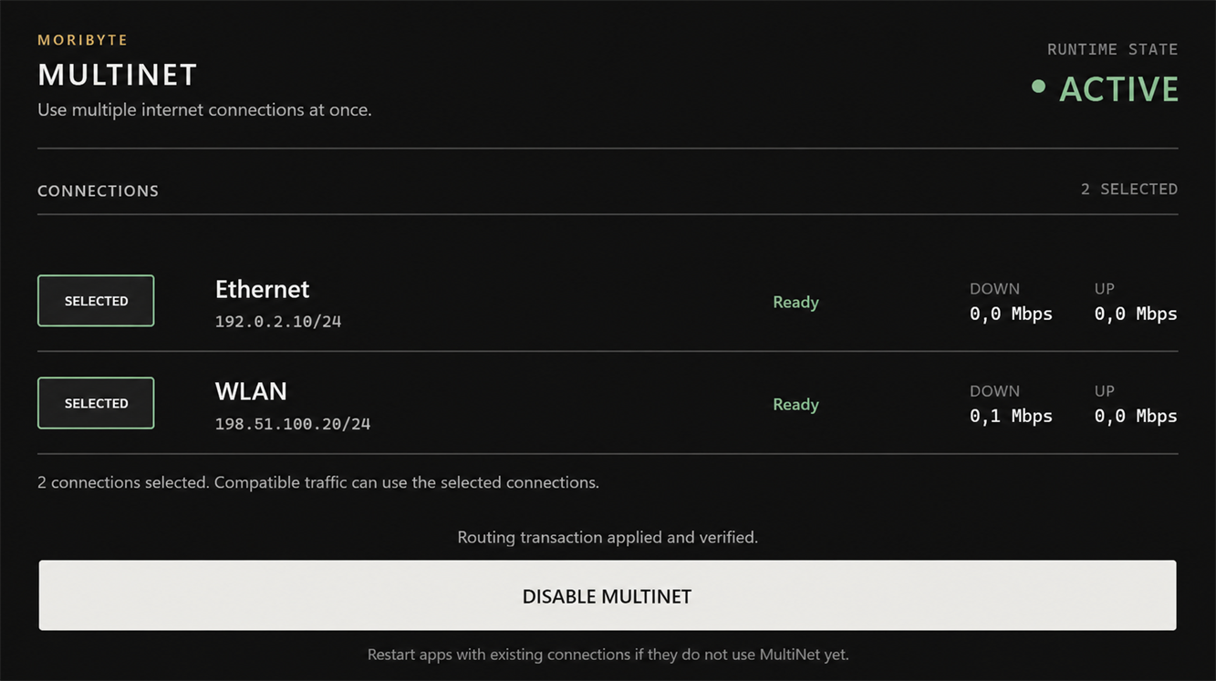 MultiNet showing Ethernet and Wi-Fi selected and active